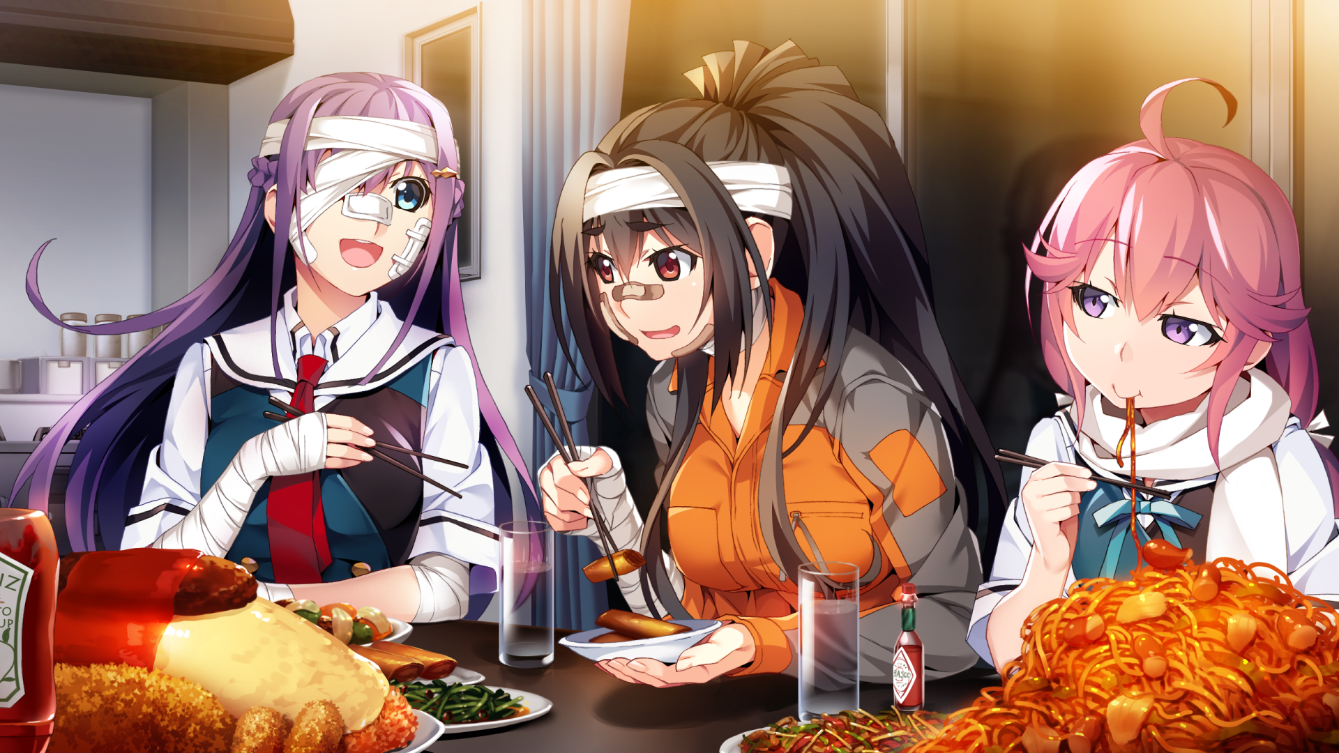 Anime-style HD desktop wallpaper from Grisaia: Phantom Trigger featuring three characters enjoying a meal together in a warm, casual setting.