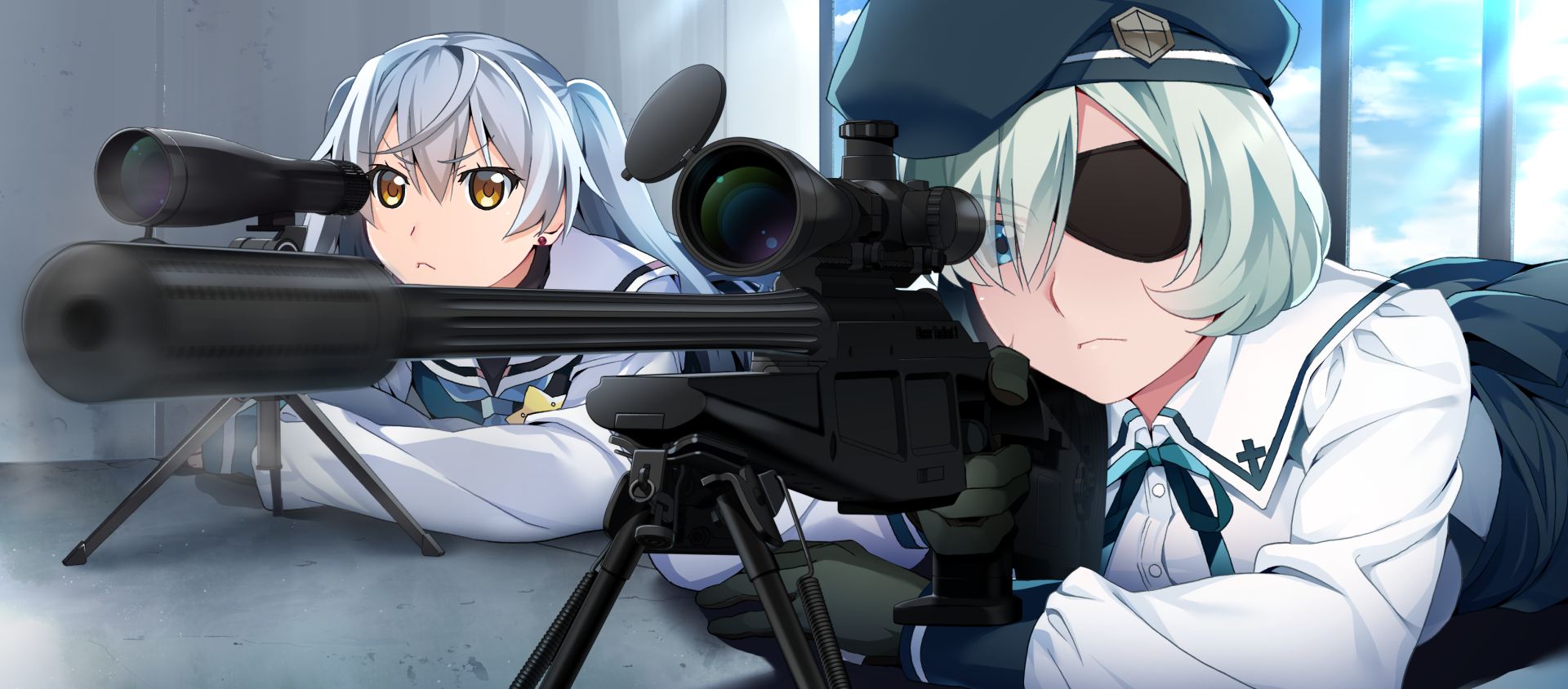 HD anime desktop wallpaper featuring two characters from Grisaia: Phantom Trigger, one aiming through a sniper rifle scope while the other watches intently.