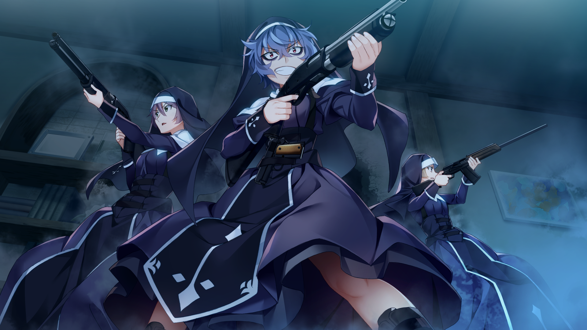 HD PC desktop wallpaper featuring intense anime characters from Grisaia: Phantom Trigger, armed and ready in a dynamic action scene.