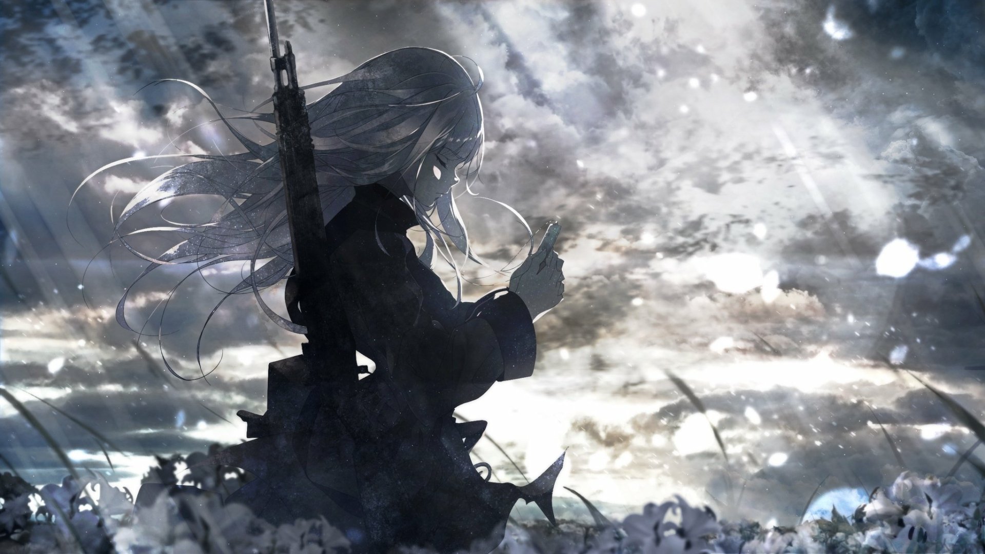 A HD wallpaper featuring an original anime character with long hair, standing in a field under a cloudy, mystic sky.
