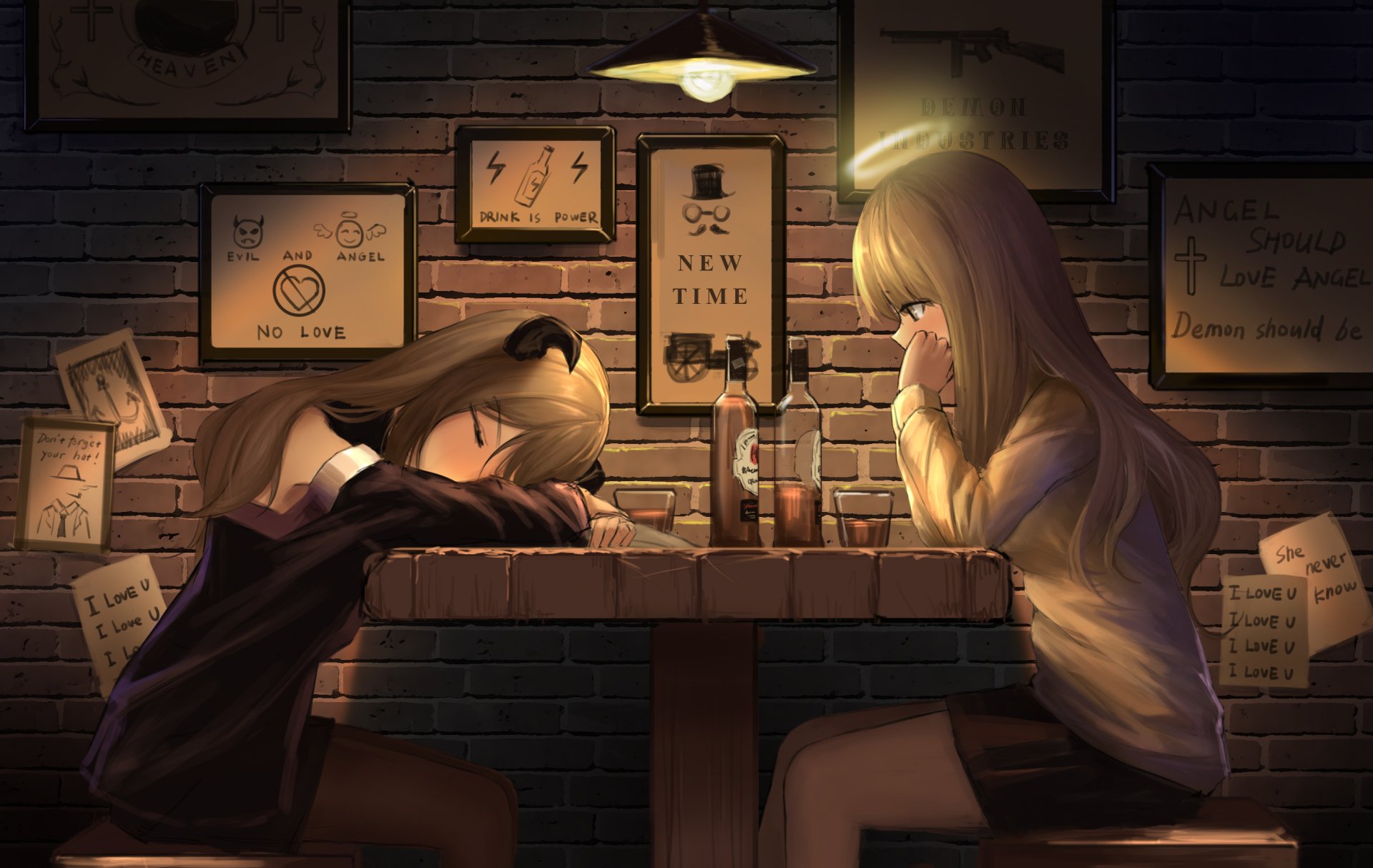 Anime-style HD PC desktop wallpaper featuring two original characters sitting at a dimly lit bar with warm, moody lighting and framed artwork on the brick wall.