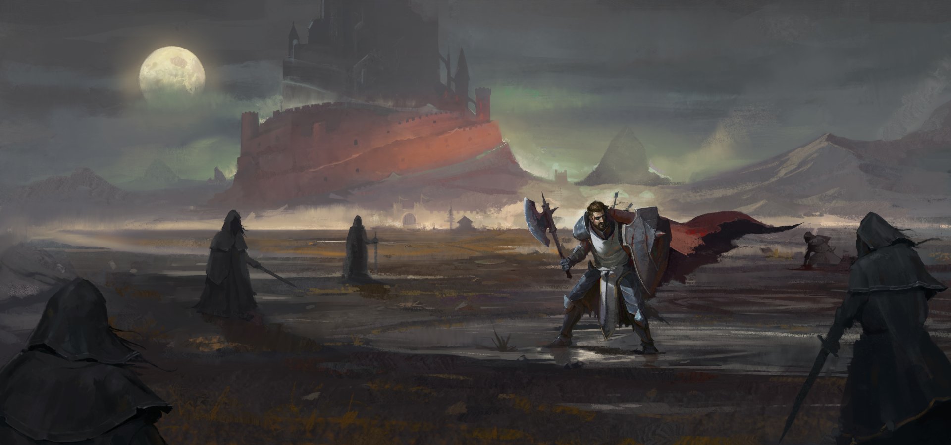 A fantasy warrior clad in armor wields an axe and shield on a barren field under a full moon, with a dark castle looming in the misty background.