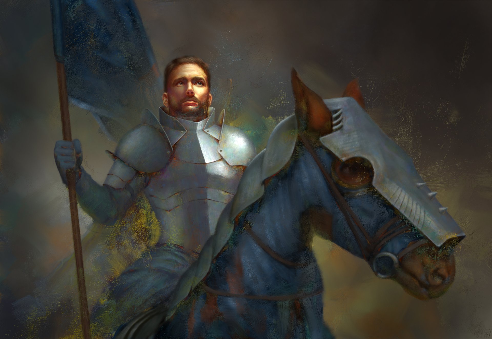 HD fantasy desktop wallpaper featuring a knight in shining armor holding a banner, mounted on a horse adorned with protective armor, evoking a warrior’s noble presence.