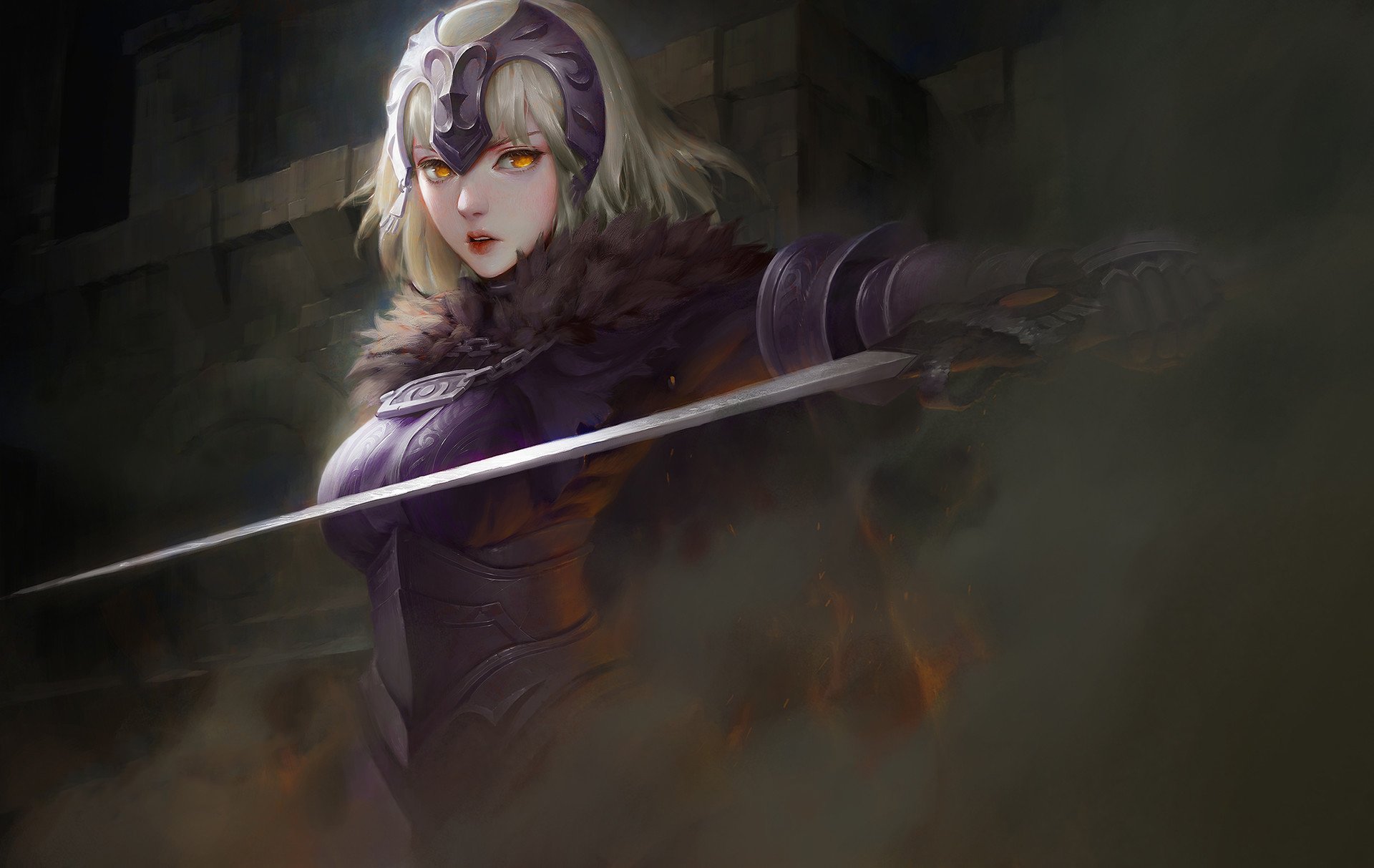 HD PC desktop wallpaper featuring Jeanne d'Arc Alter, Avenger from Fate/Grand Order, depicted in dark armor with a glowing sword in an anime art style.