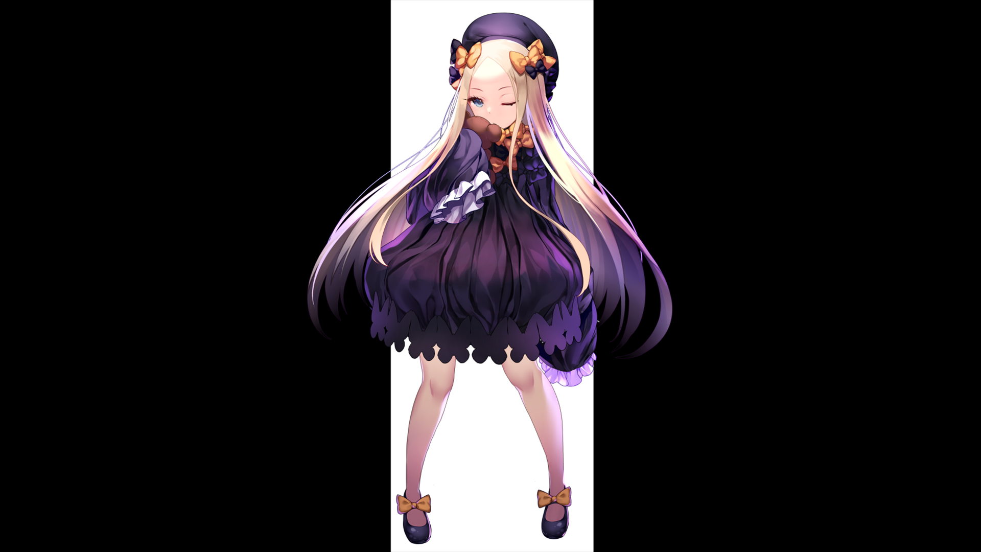 HD PC desktop wallpaper featuring Abigail Williams from the anime Fate/Grand Order, showcasing her in a dark purple dress with long light purple hair.