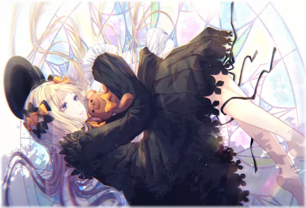 HD PC desktop wallpaper featuring Abigail Williams from Fate/Grand Order in an elegant black dress with a soft, ethereal anime style background.