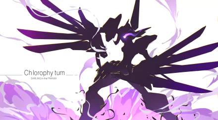 HD desktop wallpaper featuring a dynamic robot from the anime Darling in the FranXX against a vibrant background with purple hues and swirling energy. Text on the left reads Chlorophy tum DARLING in the FRANXX.