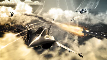 HD PC desktop wallpaper of Tom Clancy's H.A.W.X.: sleek fighter jets in a high-speed aerial dogfight, missiles and contrails cutting through dramatic cloudy skies.