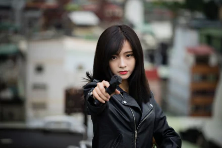 A brunette Asian woman with brown eyes and lipstick, wearing a leather jacket, points a gun directly ahead against a blurred urban background.
