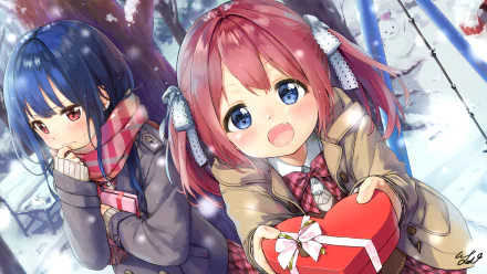 Anime original 4K Ultra HD PC desktop wallpaper and background: two schoolgirls in a snowy park — pink-haired girl offering a heart-shaped gift, blue-haired friend bundled in scarf and coat.