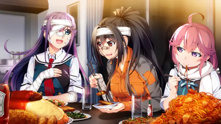 Anime-style HD desktop wallpaper from Grisaia: Phantom Trigger featuring three characters enjoying a meal together in a warm, casual setting.