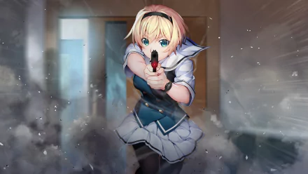 HD PC desktop wallpaper featuring an anime character from Grisaia: Phantom Trigger aiming a handgun in a dynamic action scene.