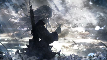 A HD wallpaper featuring an original anime character with long hair, standing in a field under a cloudy, mystic sky.