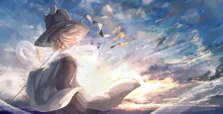 HD desktop wallpaper featuring Suwako Moriya from the anime Touhou, set against a vibrant, dynamic sky with flowing clouds.