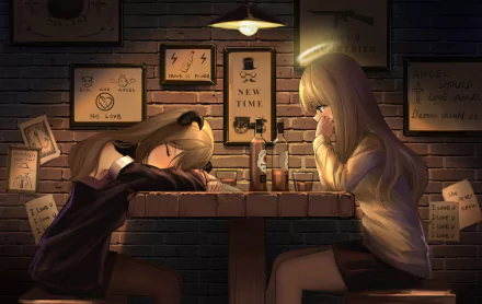 Anime-style HD PC desktop wallpaper featuring two original characters sitting at a dimly lit bar with warm, moody lighting and framed artwork on the brick wall.
