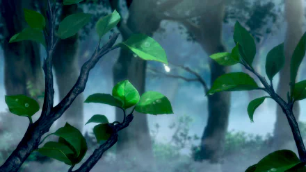 A high-definition anime wallpaper from Darling in the FranXX featuring raindrops on lush green leaves with a misty forest backdrop, encapsulating the serene beauty of nature.