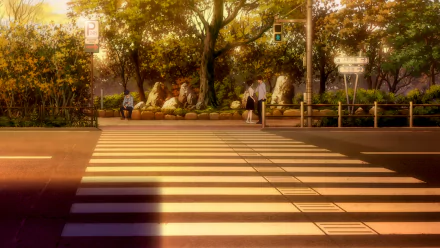 A vibrant anime scene featuring a street lined with trees and crossing lines, capturing the essence of Citrus in a serene, picturesque setting. An ideal HD desktop wallpaper.