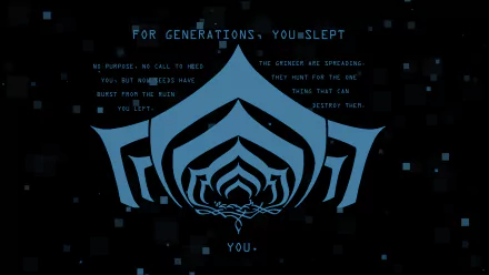 HD PC desktop wallpaper featuring a blue Lotus (Warframe) emblem centered on a dark, pixelated background with the phrase For generations, you slept and faint narrative text.