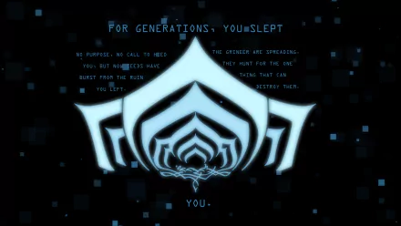 HD PC desktop wallpaper featuring the Lotus symbol from the video game Warframe, with glowing blue text and abstract digital elements in the background.