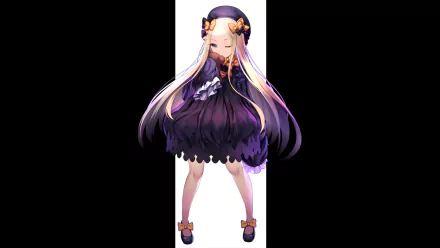 HD PC desktop wallpaper featuring Abigail Williams from the anime Fate/Grand Order, showcasing her in a dark purple dress with long light purple hair.