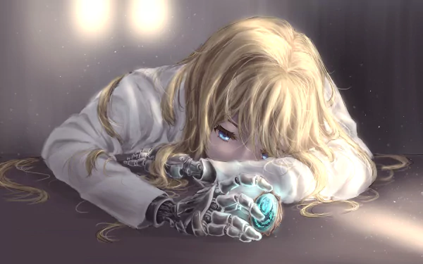 HD desktop wallpaper of the anime character Violet Evergarden resting her head on a table, showcasing her detailed mechanical hand and melancholic expression.