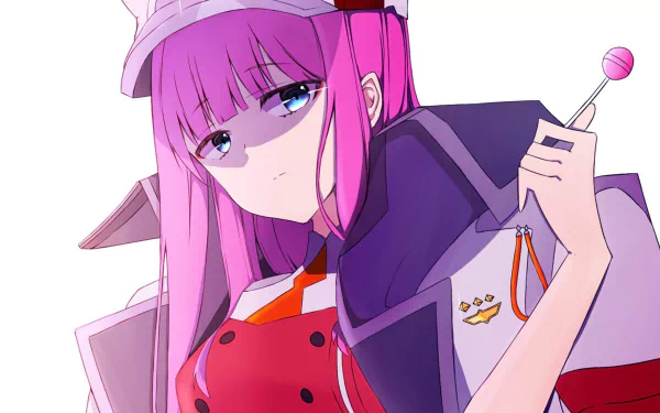 Anime character Zero Two from Darling in the FranXX with pink hair and blue eyes, wearing a hat and uniform coat while holding a lollipop. HD desktop wallpaper and background.