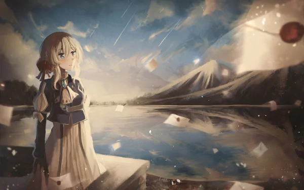 Anime wallpaper featuring Violet Evergarden with blonde hair and blue eyes, holding a letter by a serene mountain lake under a cloudy sky.
