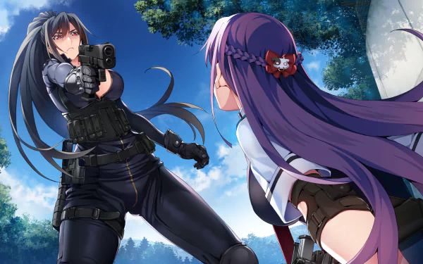 HD PC desktop wallpaper from the anime Grisaia: Phantom Trigger, featuring a tense standoff between two female characters under a bright blue sky.