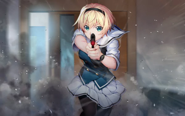 HD PC desktop wallpaper featuring an anime character from Grisaia: Phantom Trigger aiming a handgun in a dynamic action scene.