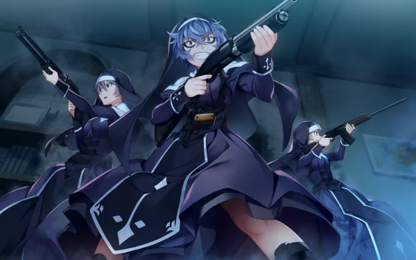 HD PC desktop wallpaper featuring intense anime characters from Grisaia: Phantom Trigger, armed and ready in a dynamic action scene.