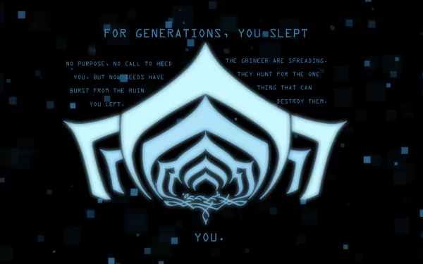 HD PC desktop wallpaper featuring the Lotus symbol from the video game Warframe, with glowing blue text and abstract digital elements in the background.