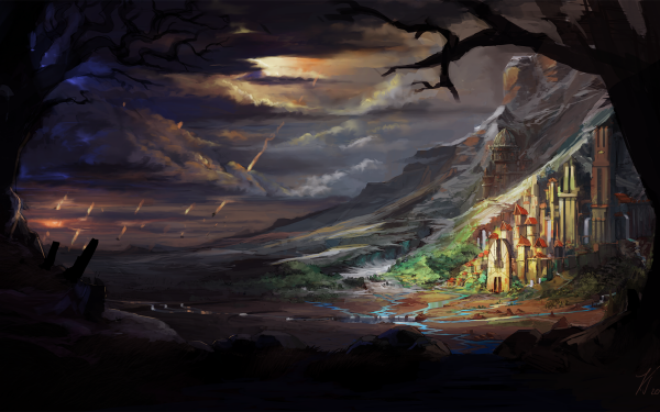Fantasy City Landscape Cloud Meteor HD Wallpaper | Background Image