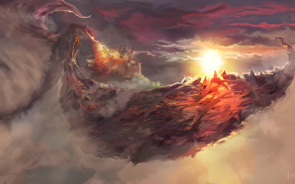 HD fantasy desktop wallpaper featuring a majestic dragon flying through a dramatic sky at sunset, casting vibrant reds and purples across the landscape.