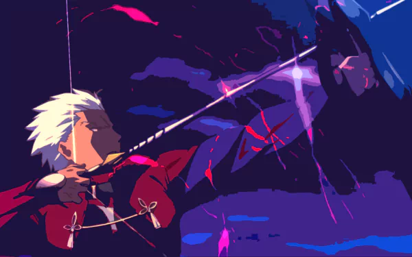 HD PC desktop wallpaper featuring Archer from Fate/Stay Night in an action pose, drawing his bow with dynamic lighting from Fate/Stay Night: Unlimited Blade Works anime.