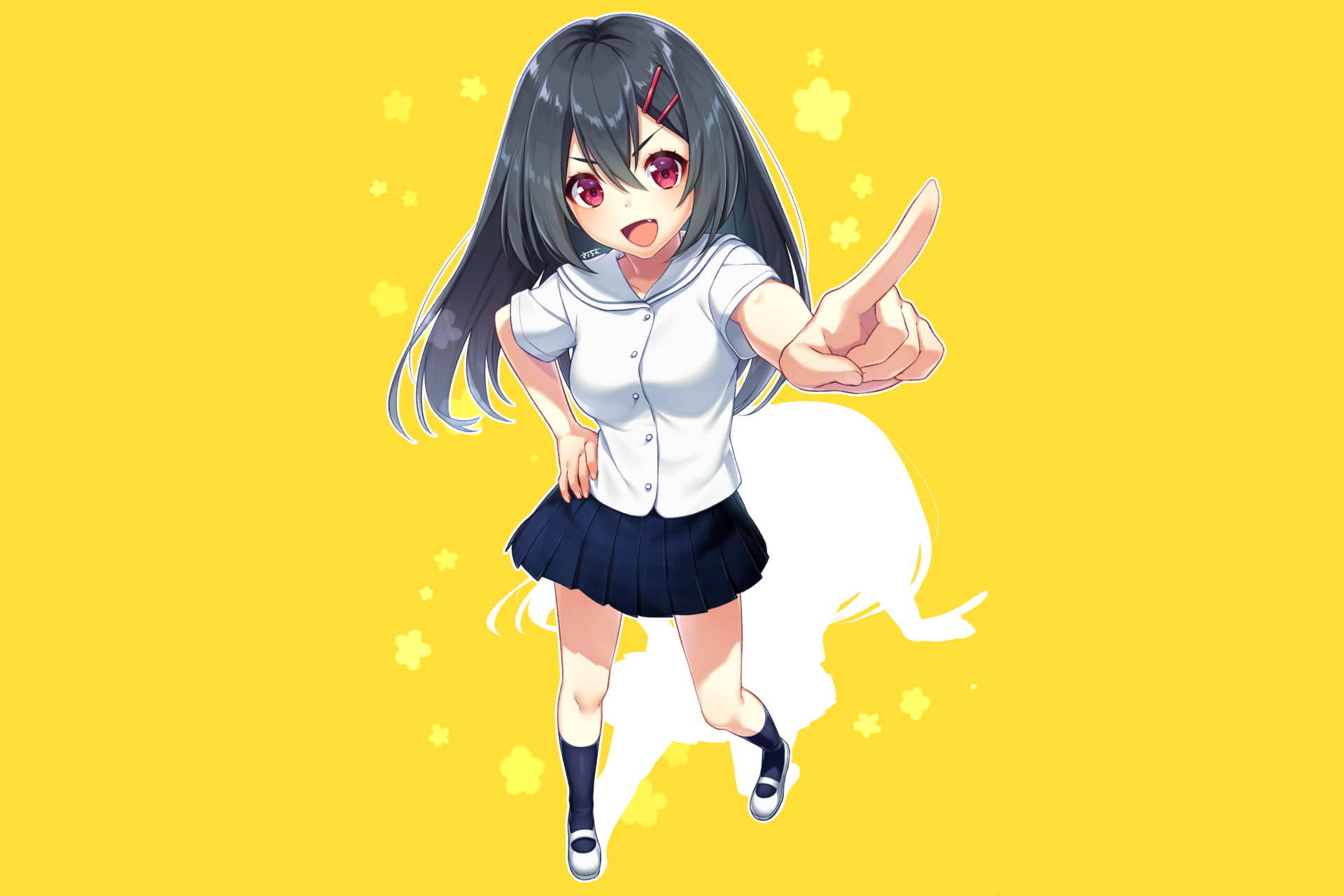 HD anime-style original illustration of a cheerful girl with long black hair in a school uniform, set against a bright yellow background for a PC desktop wallpaper.