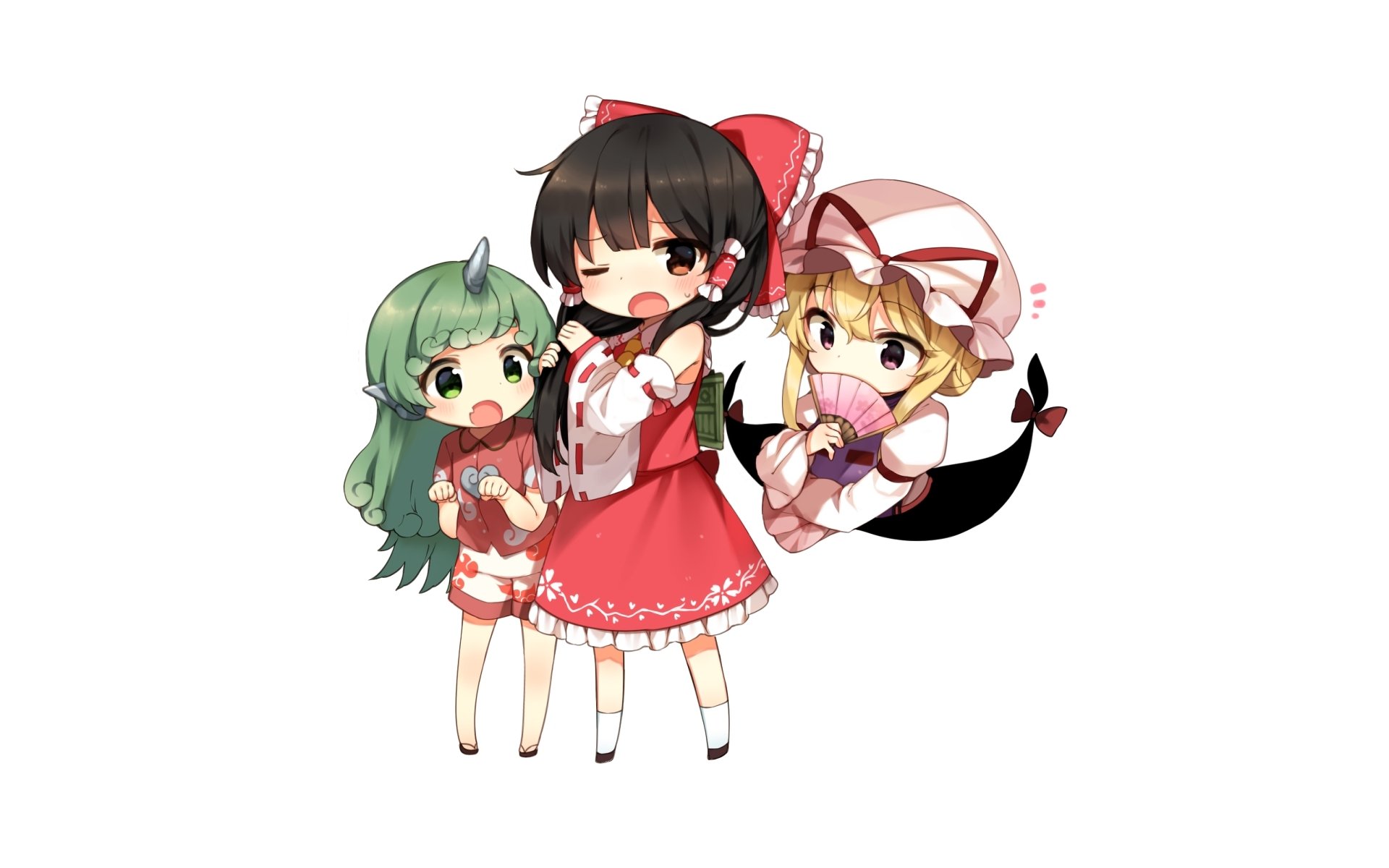 Chibi-style anime characters Aunn Komano, Yukari Yakumo, and Reimu Hakurei from Touhou featured in an HD PC desktop wallpaper and background.