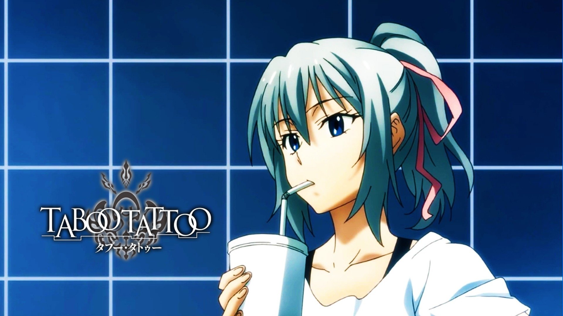 HD anime desktop wallpaper featuring Bluesy Fluesy from Taboo Tattoo, with her blue hair tied by a pink ribbon, sipping from a cup against a tiled blue background.