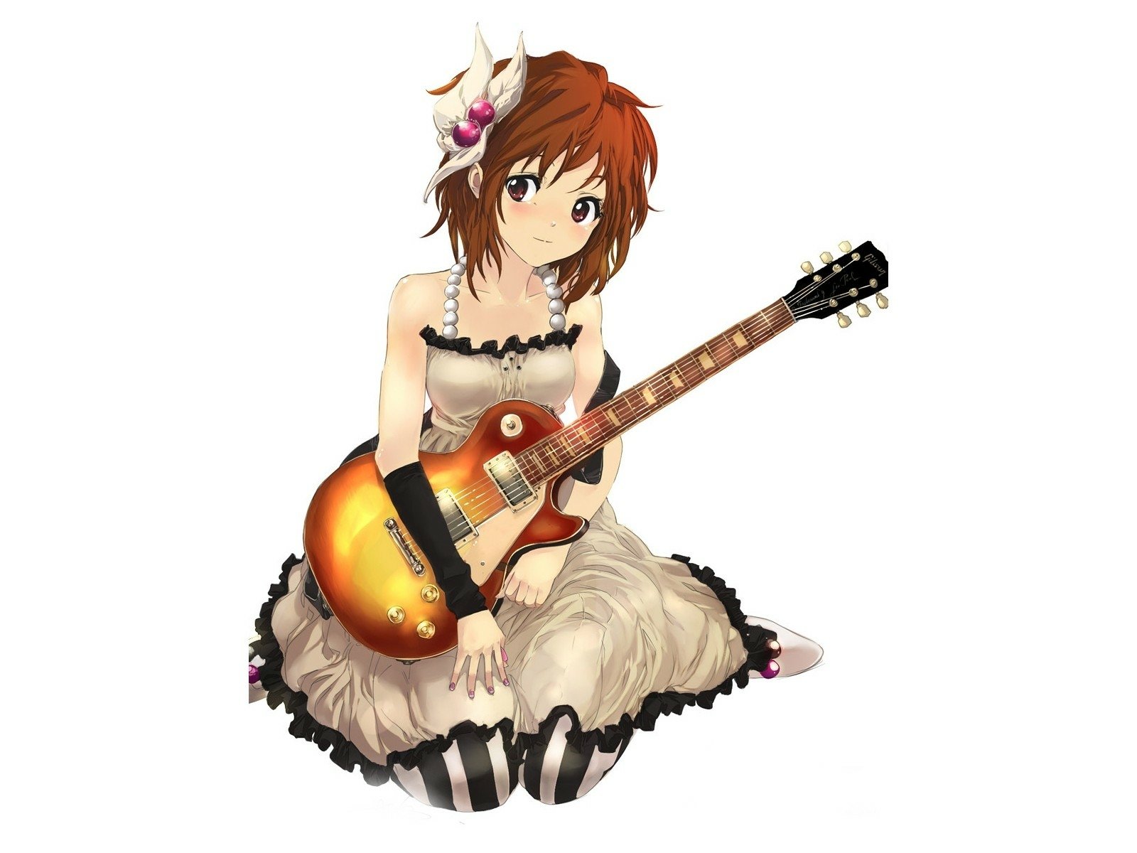 HD PC desktop wallpaper featuring Yui Hirasawa from the anime K-ON! holding an electric guitar, dressed in a frilly outfit against a white background.