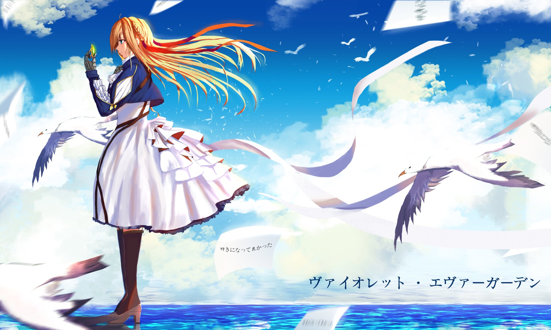 Violet Evergarden stands by the sea with flowing hair and dress, surrounded by seagulls under a bright blue sky in this 4K Ultra HD anime desktop wallpaper.