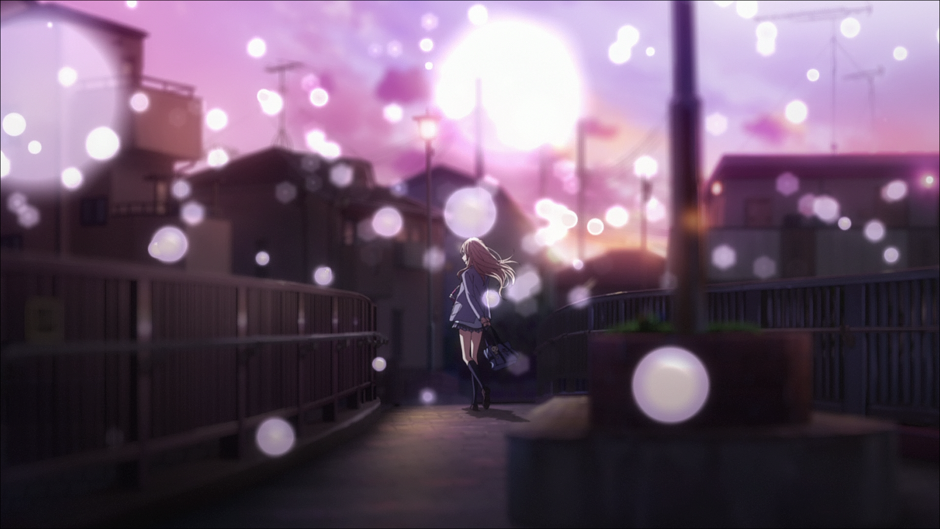 HD desktop wallpaper featuring Kaori Miyazono from the anime Your Lie in April. This Japanese anime image shows Kaori walking on a bridge at sunset with blurred lights in the foreground.