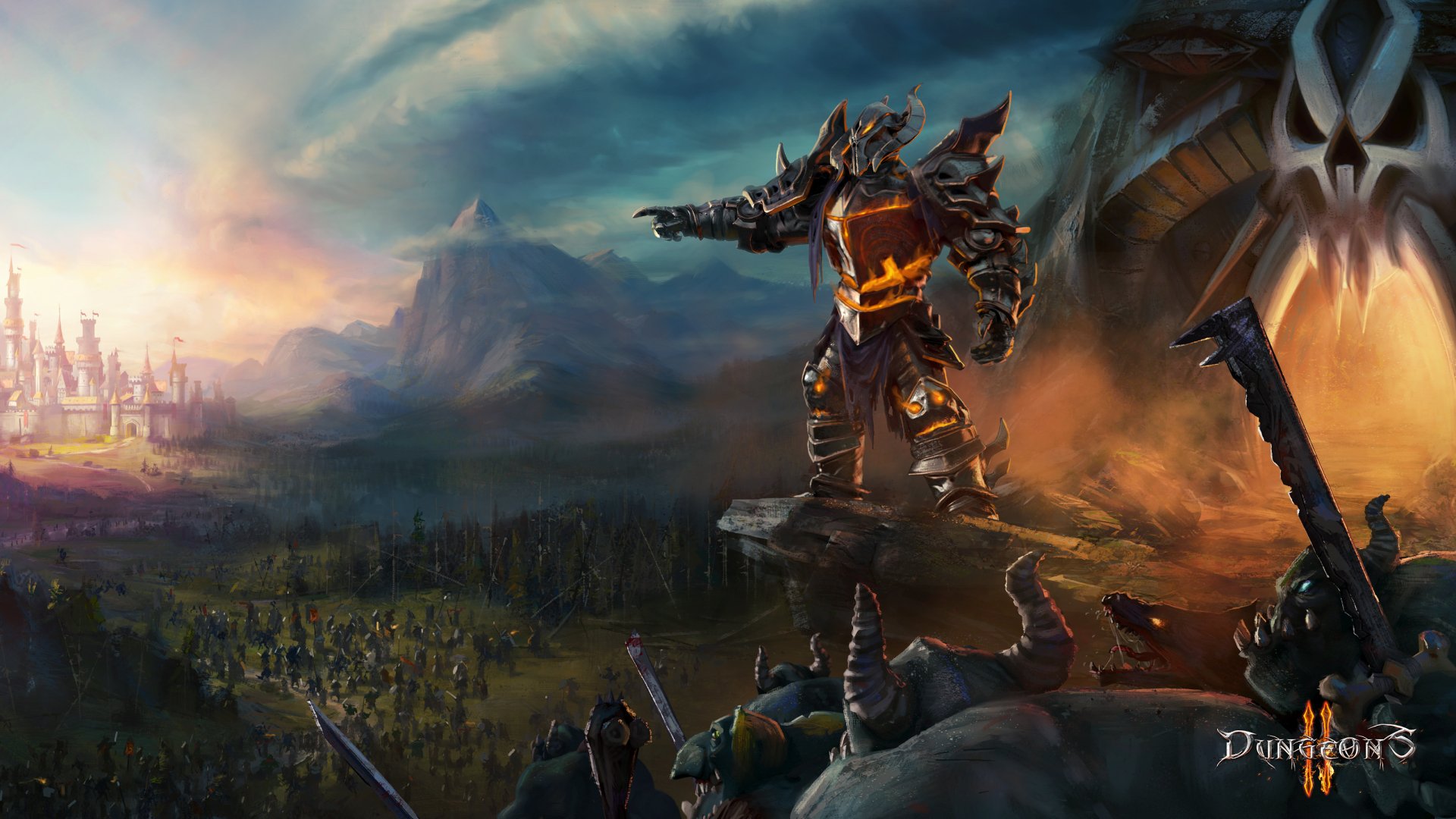 HD PC desktop wallpaper from the video game Dungeons 2 featuring a warrior knight in dark armor overlooking a vast battlefield near a distant castle.