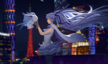 Hatsune Miku with long aqua hair and gloves, wearing a cape, holding a plush against a vibrant cityscape at night in 4K Ultra HD anime style.