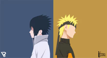 HD desktop wallpaper featuring Sasuke Uchiha and Naruto Uzumaki from the anime Naruto. The minimalist artwork shows their profiles against contrasting blue and mustard backgrounds.