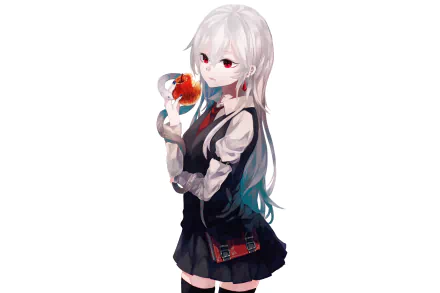 Anime-style original character with long white hair, red eyes, and a black school uniform holding a glass with red liquid, presented in 4K Ultra HD for PC desktop wallpaper.
