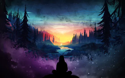 A silhouetted figure sits in front of a serene forest landscape at sunrise, with a river meandering through the trees. The artwork features vibrant colors and captures the peaceful essence of nature.