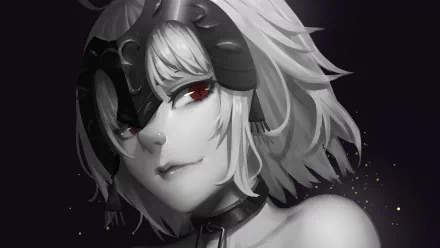 Monochrome HD desktop wallpaper of Jeanne d'Arc Alter from Fate/Grand Order, featuring her with short white hair and striking red eyes, capturing her Avenger persona in a dark, intense artistic style.