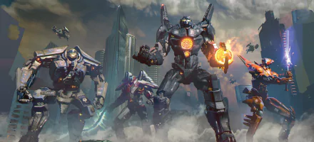 HD desktop wallpaper from the movie Pacific Rim: Uprising, featuring towering robots in a futuristic cityscape, poised for battle.