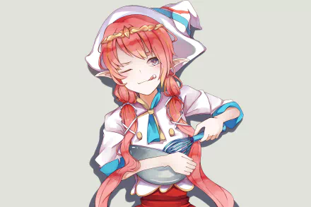 Circe (Fate/Grand Order) anime character with red braided hair and hood, winking while stirring a bowl — 2K Quad HD PC desktop wallpaper/background.
