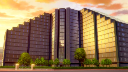 Anime-style HD desktop wallpaper featuring an apartment building from the series Citrus. The architecture is illuminated by a warm sunset, with lush green trees lining the street in front.