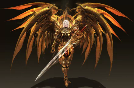 A fantasy angel warrior with white hair, golden armor, large fiery wings, and a glowing sword stands ready, set against a dark background in this HD PC desktop wallpaper.
